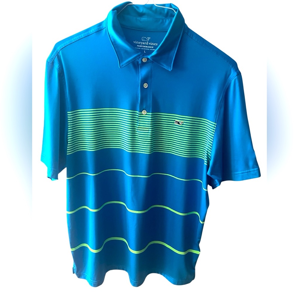 Vineyard Vines Men's Blue Striped Short Sleeve Three Button Polo Shirt. Size = L